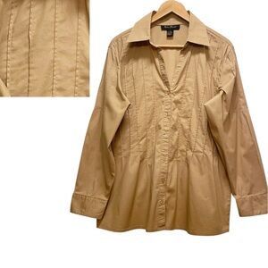Ashley Stewart Tan Long Sleeve Blouse FLAWs Pintucks Feminine Flowy Sz 16 Beige